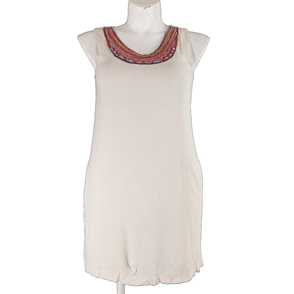Quinn Dress LARGE Cream Colorful Seed Bead Accent Pockets Zip‎ Lined Sleeveless